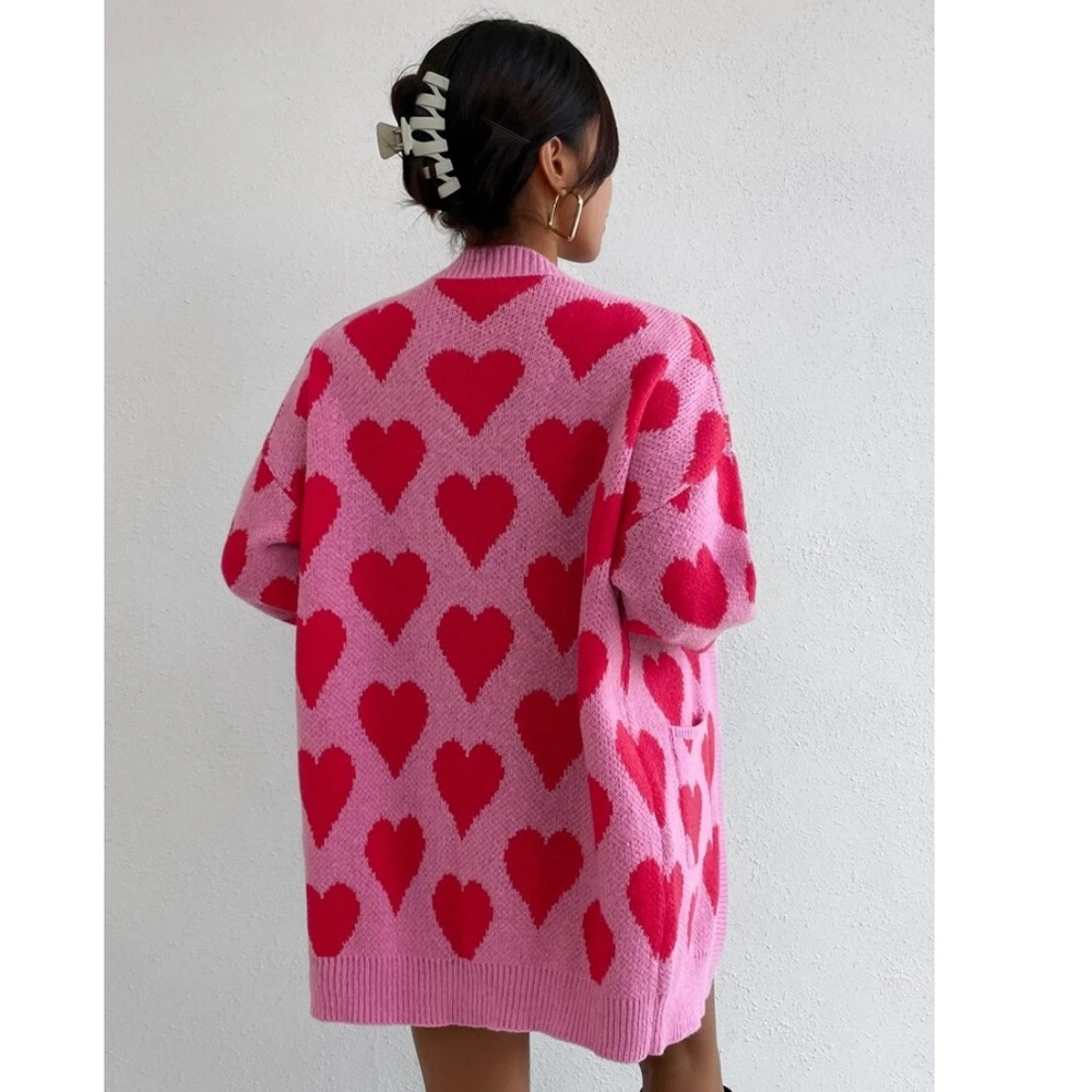 Allover Heart Pattern Knit Cardigan ๐ - Picture 4 of 5